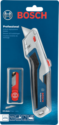 Universalmesser mit Ersatzklingen in blauer Einzelhandelsverpackung.