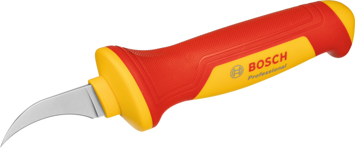 Bosch VDE-Abisoliermesser mit gebogener, isolierter Klinge.