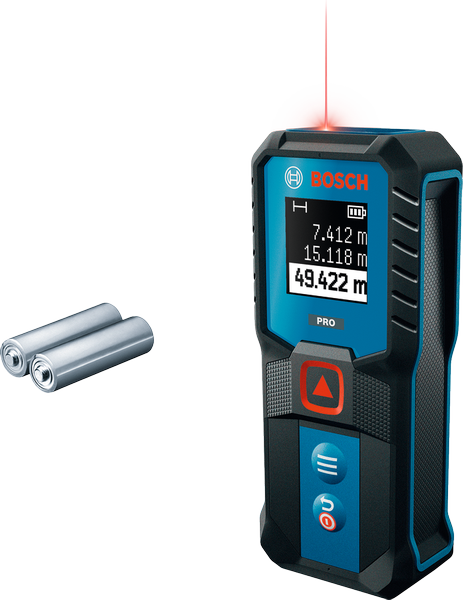 Bosch GLM 50-21 Laser-Entfernungsmesser mit Display und Batterien.