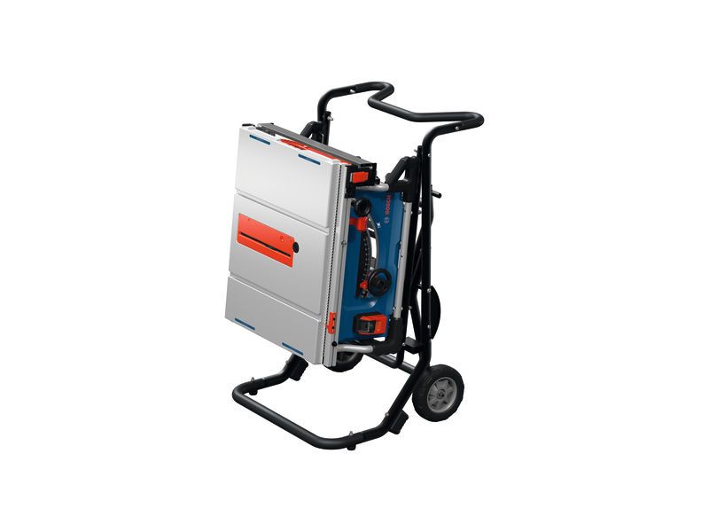 Bosch GTA50W Sägeständer mit Tischkreissäge im Transportmodus.