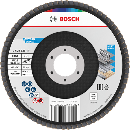 Bosch X451 Fächerscheibe 125 mm G80 für verschiedene Materialien.