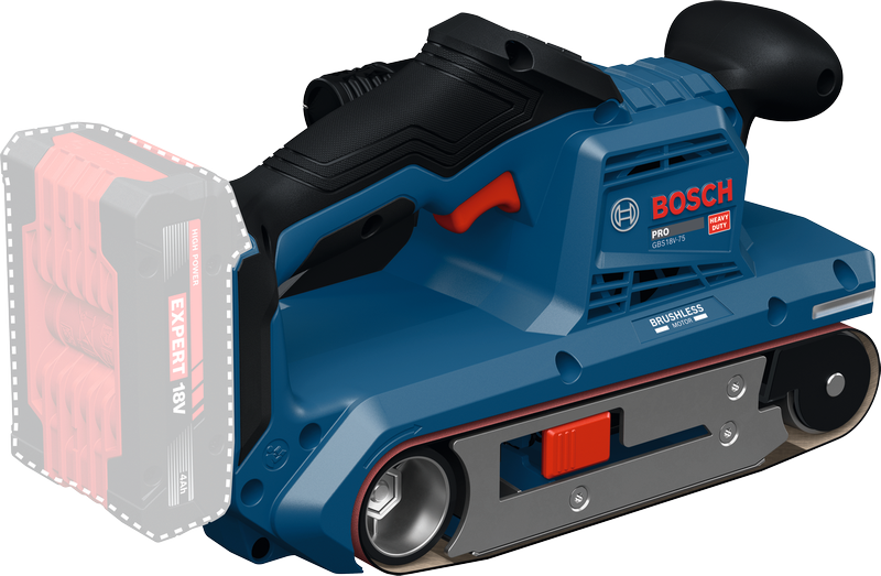 Bosch GBS18V-75 Bandschleifer mit 18V-Akkufach.