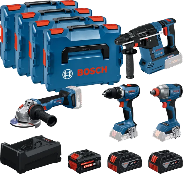 Bosch 18V 4-teiliges Werkzeug-Kombiset mit Koffern und Akkus.