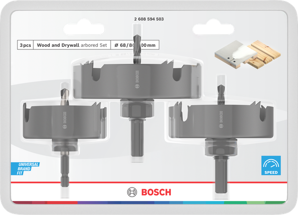 Bosch Lochsägen-Set mit Dorn für Holz und Trockenbau 68 86 100 mm.