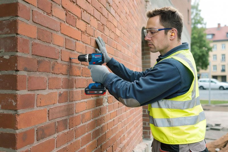 Eine Person, die Schutzausrüstung trägt, bohrt mit einem Akku-Schlagbohrer in eine Ziegelwand.