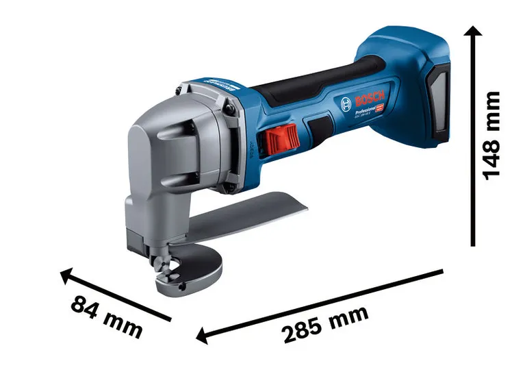 Bosch GSC 18V-16 E Akku-Metallschere mit Abmessungen.