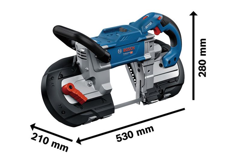 Akku-Bandsäge Bosch GCB 18V-127 mit Größenangaben.