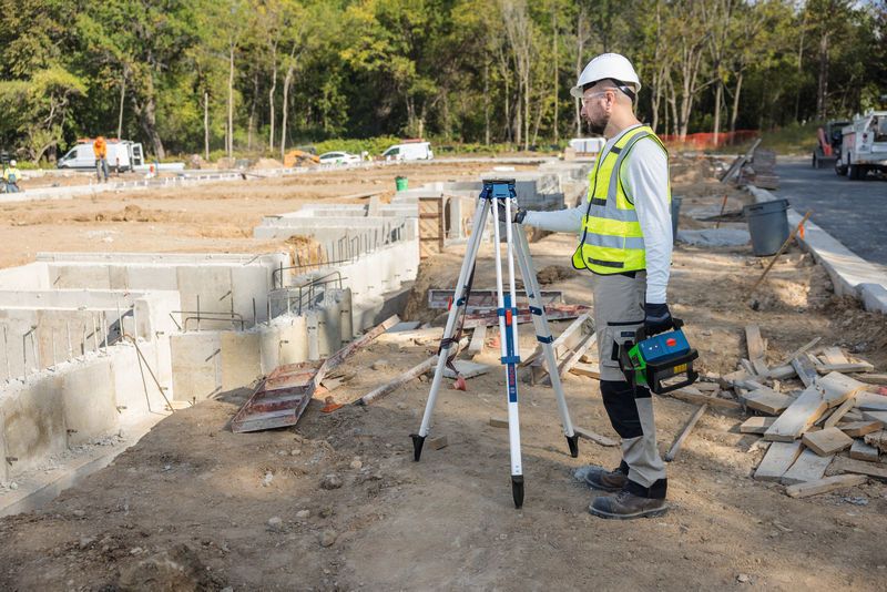 Eine Person in Schutzausrüstung stellt auf einer Baustelle ein Laser-Nivelliergerät auf einem Stativ auf.