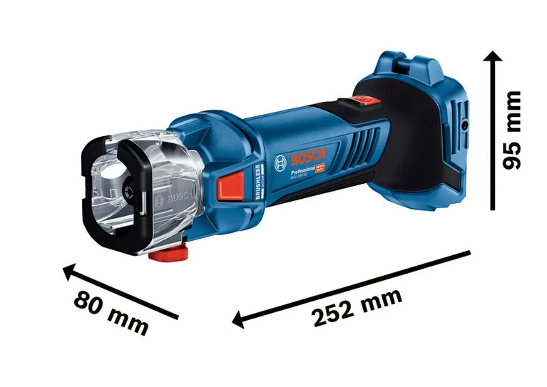 Bosch GCU 18V-30 Akku-Trockenbaufräse mit Abmessungen.
