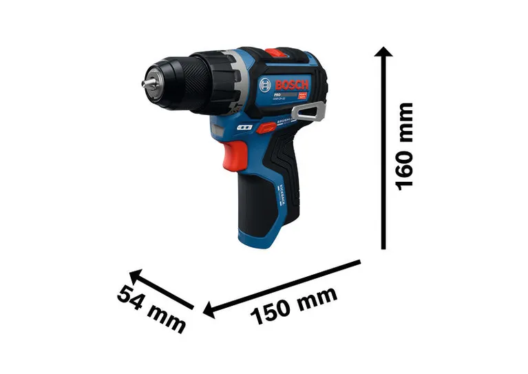 Bosch GSB12V-32 Akku-Schlagbohrmaschine mit Abmessungen.
