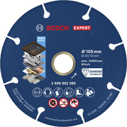 Bosch EXPERT Metall-Diamanttrennscheibe 105 mm für verschiedene Materialien.