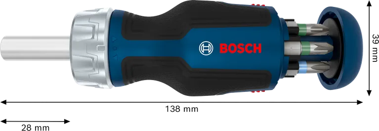 Bosch Ratschenschraubendreher mit kurzem Bit und 6 Bits.