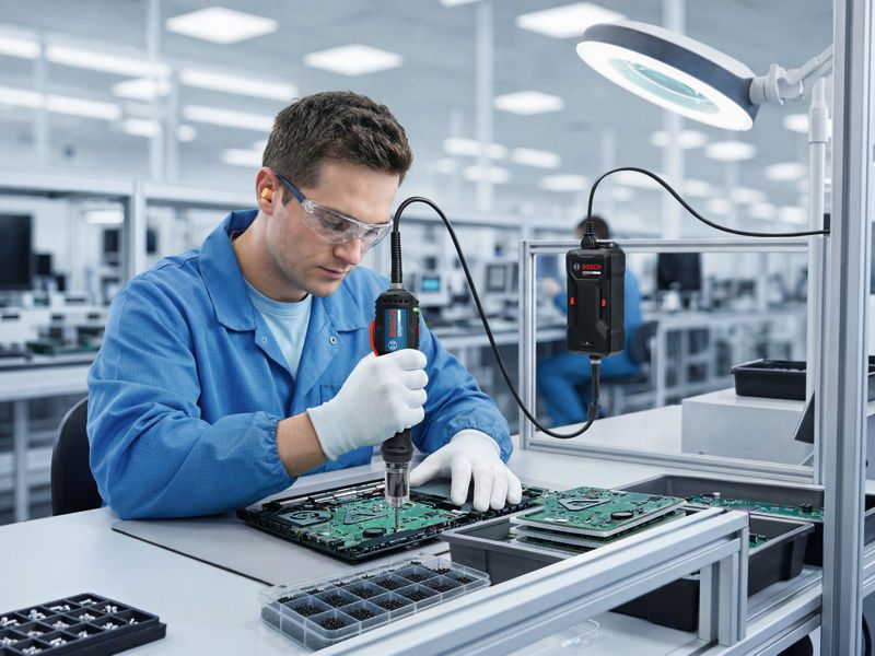Eine Person, die Schutzausrüstung trägt, benutzt einen elektrischen Schraubendreher an einer Leiterplatte.