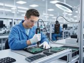 Eine Person, die Schutzausrüstung trägt, benutzt einen elektrischen Schraubendreher an einer Leiterplatte.