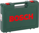 Coffret en plastique Bosch avec poignée et loquets rouges.