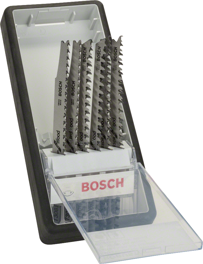 Jeu de 6 lames de scie sauteuse Bosch Robust Line pour bois, dans son étui.