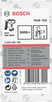Bosch TK40 15G 5 000 agrafes galvanisées 18Ga 5,8 mm 3/8″.