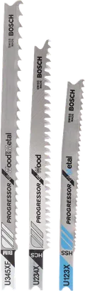 Jeu de 3 lames de scie sauteuse Bosch Progressor à queue en U pour bois et métal.