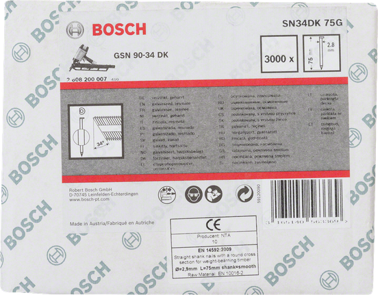 Clous à tige droite Bosch GSN 90-34 DK 75 mm.