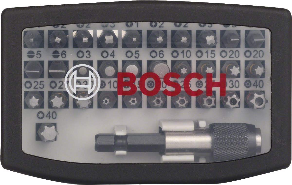 Coffret de 31 embouts de tournevis Bosch avec étui de rangement.