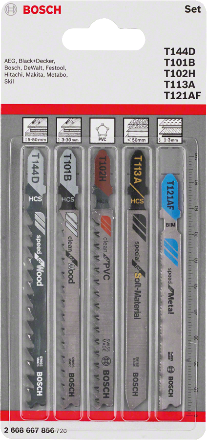 Jeu de 5 lames de scie sauteuse Bosch à emmanchement en T, polyvalentes.