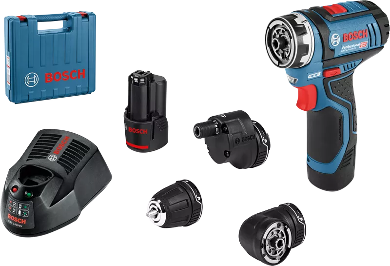 Ensemble de perceuse-visseuse sans fil Bosch GSR 12V-15 FC avec accessoires.