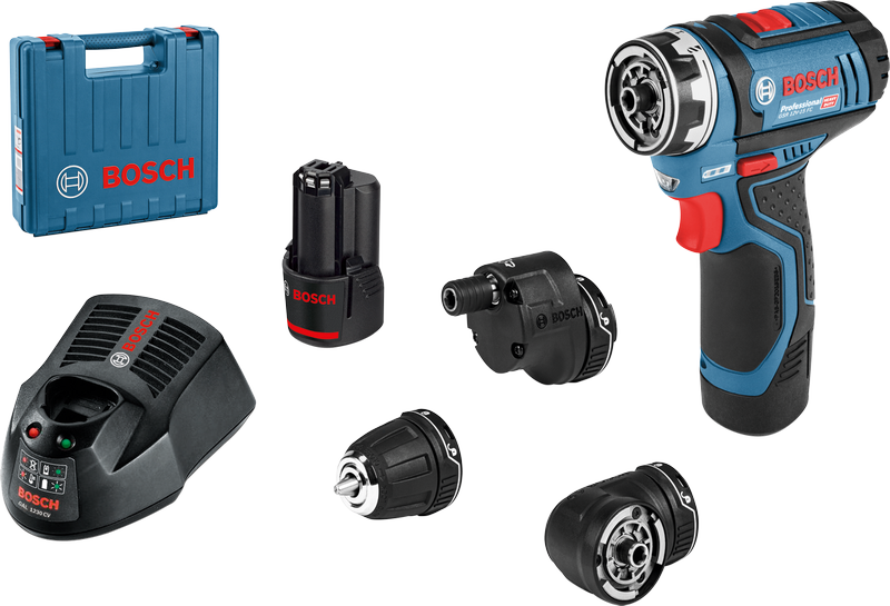 Ensemble de perceuse-visseuse sans fil Bosch GSR 12V-15 FC avec accessoires.