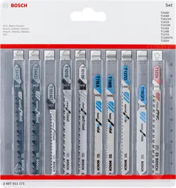 Jeu de 10 lames de scie sauteuse Bosch.