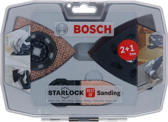 Kit de ponçage Bosch Starlock avec lame en carbure et plateaux de ponçage.