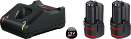 Kit de démarrage Bosch 12V avec chargeur et deux batteries.