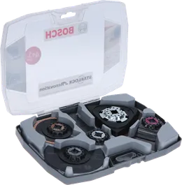 Coffret Bosch Starlock pour rénovation avec lames de scie et plateau de ponçage.
