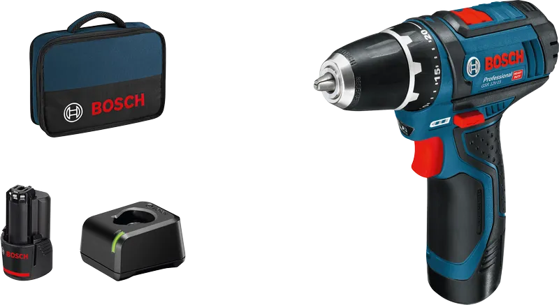 Ensemble de perceuse-visseuse sans fil Bosch GSR 12V-15 avec batterie et chargeur.