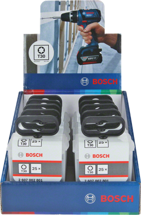 Embouts de tournevis Bosch T30, paquet de 25, en boîte présentoir.