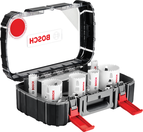 Ensemble de scies cloches Bosch dans un coffret de rangement noir.