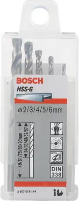 Coffret de 5 forets à métaux HSS-G Bosch 2–6 mm.