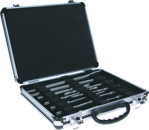 Coffret de 11 forets et burins pour marteau perforateur Bosch dans un coffret.