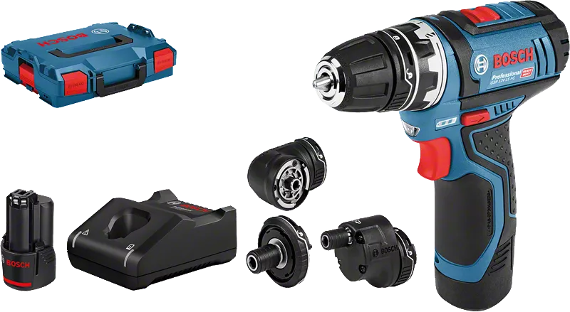 Ensemble de perceuse-visseuse sans fil Bosch GSR 12V-15 FC avec accessoires.