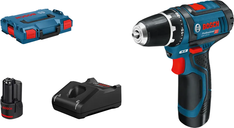 Ensemble de perceuse-visseuse sans fil Bosch GSR 12V-15 avec batterie et chargeur.