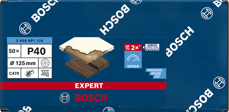 Papier abrasif Bosch EXPERT C470 125 mm P40, paquet de 50.