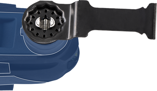 Outil multifonction oscillant avec lame de coupe attachée.