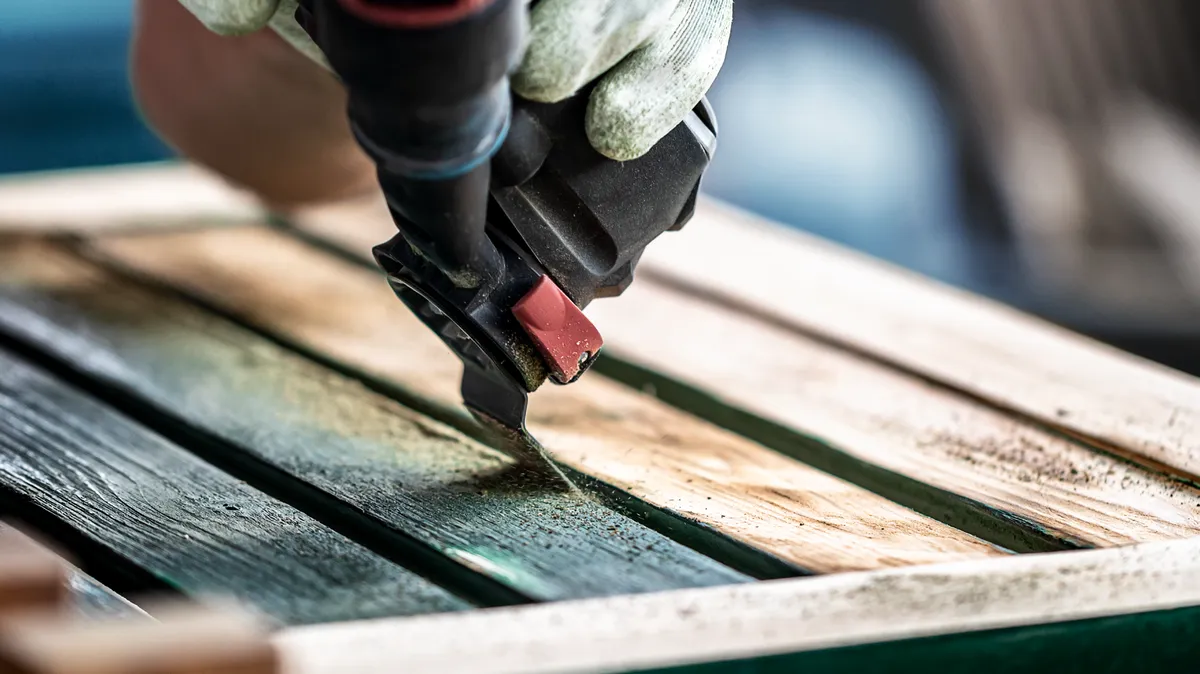 Une personne portant un équipement de sécurité utilise une ponceuse pour lisser une surface en bois.