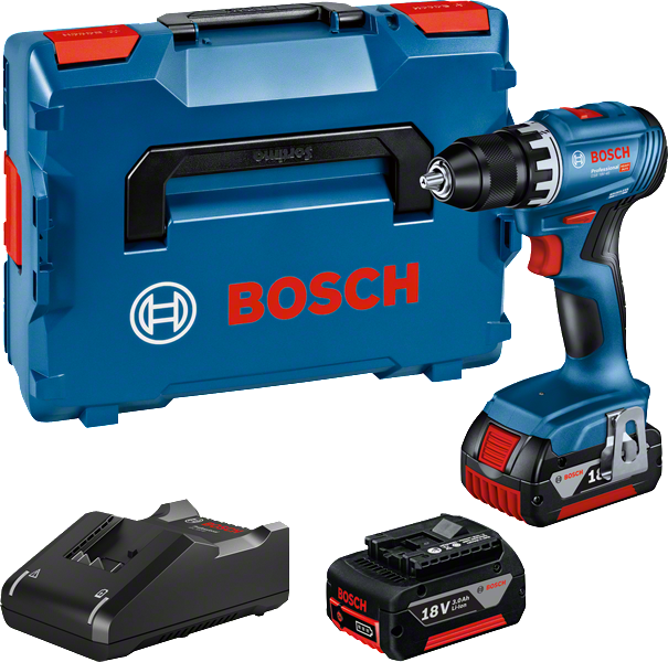 Ensemble de perceuse-visseuse sans fil Bosch GSR 18V-45 avec batterie et coffret.