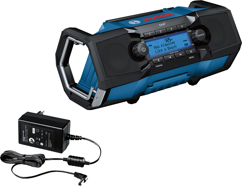 Radio de chantier Bosch GPB 18V-2 SC avec adaptateur secteur.
