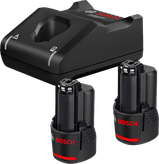 Chargeur de batterie Bosch 12V avec deux batteries 2,0Ah.