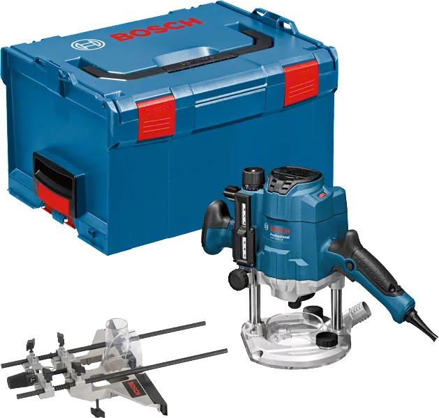 Défonceuse Bosch GOF 1250 CE avec coffret et guide parallèle.