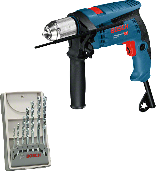 Perceuse Bosch GSB 13 RE avec poignée latérale et jeu de forets.