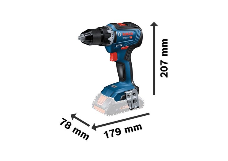 Perceuse sans fil Bosch GSR 18V-55, hauteur 207 mm.