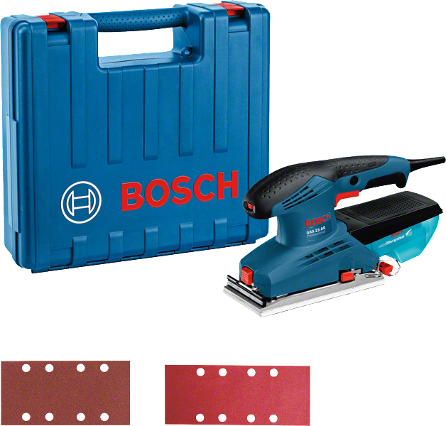 Ponceuse orbitale Bosch GSS 23 AE avec coffret et feuilles abrasives.