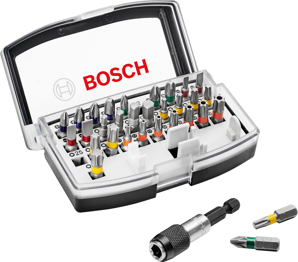 Coffret de 32 embouts de tournevis Bosch avec porte-embouts à changement rapide.
