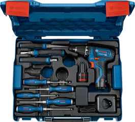 Kit combiné professionnel Bosch GSR 12V-15 avec outils à main.